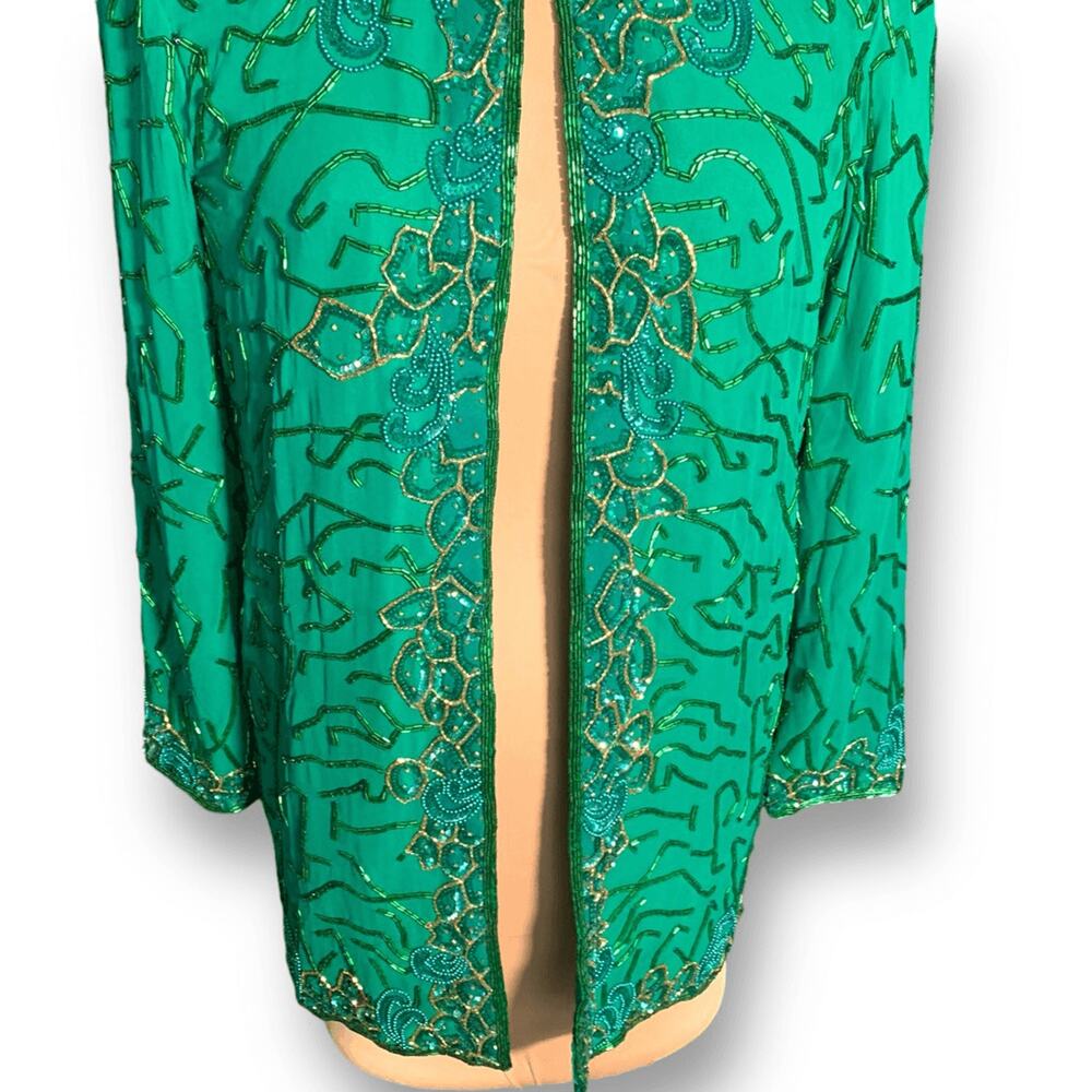 Vintage Razzle Dazzle Emerald Green Silk Beaded Open Front Evening Jacket - Picture 4 of 9